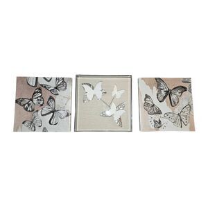 3pc Silver Cream & Beige Tan Butterfly Wall Art Decor Shadow Box & Canvas Prints